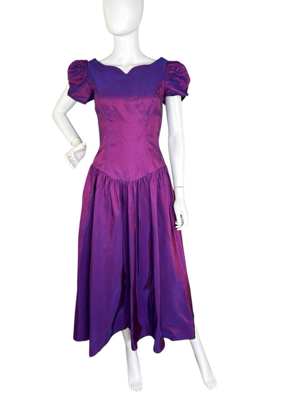 Vintage 80s Alfred Angelo Midi Dress Puff Slv Iridescent Purple Taffeta Prom S